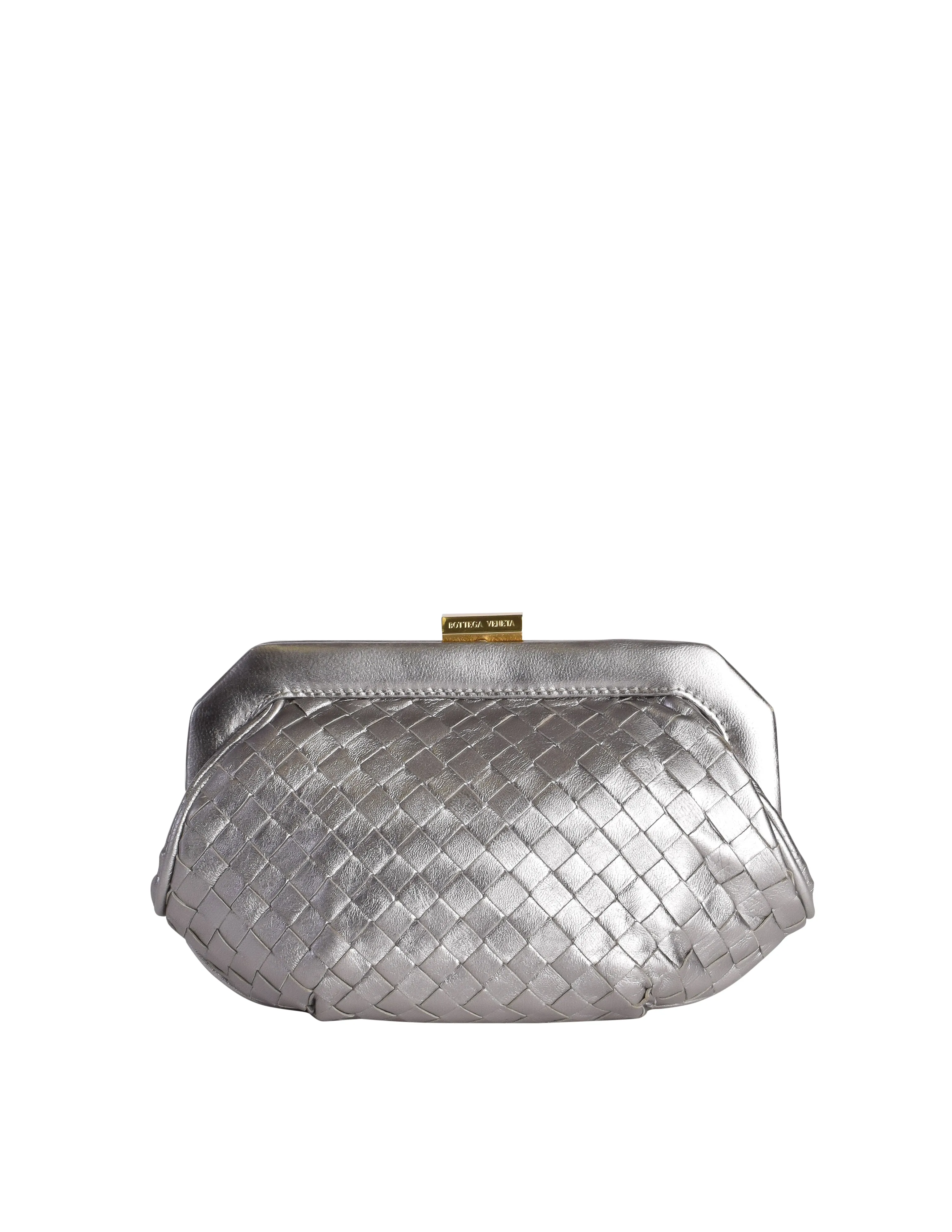 Bottega Veneta Vintage Intrecciato Woven Metallic Silver Leather Clutch Bag