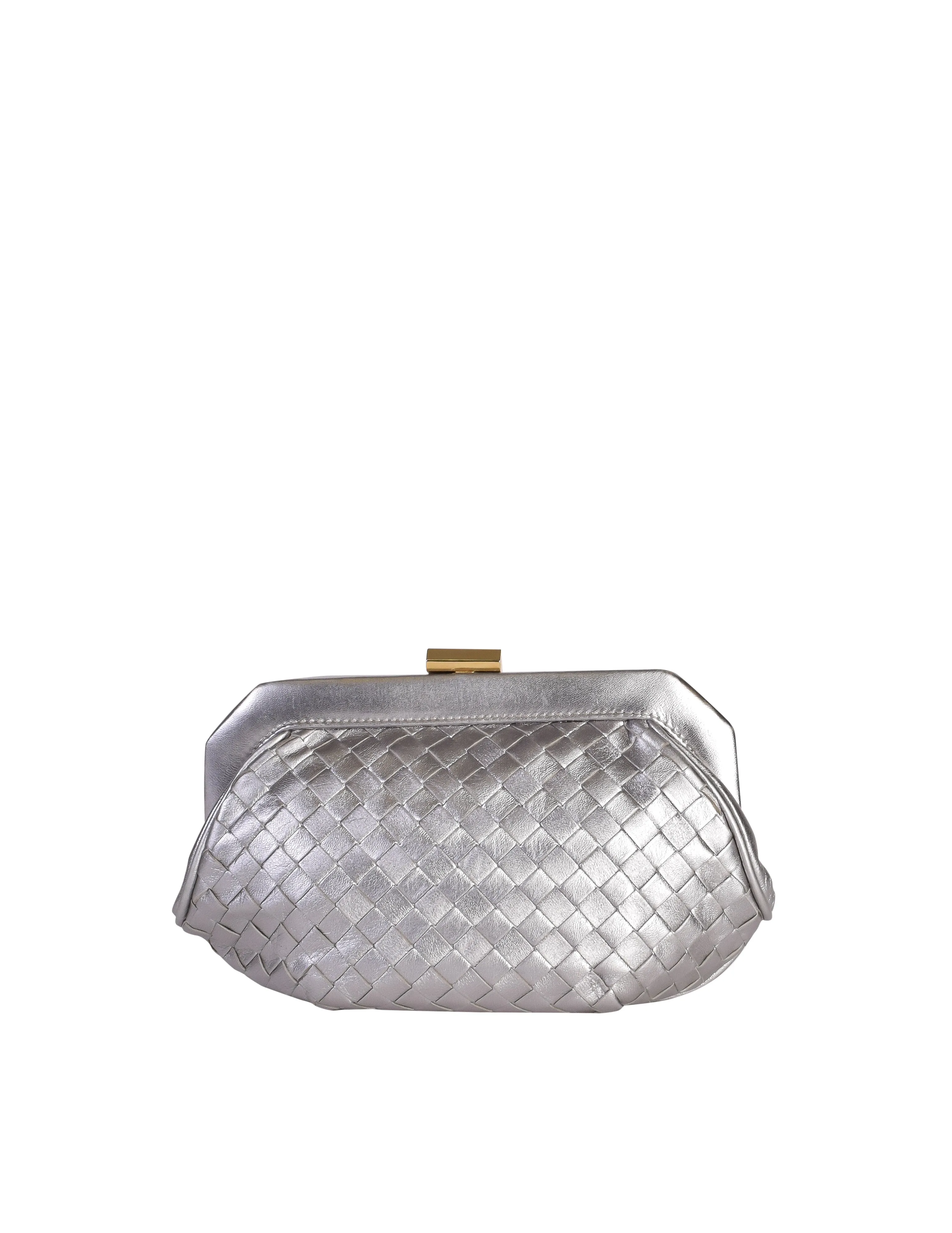 Bottega Veneta Vintage Intrecciato Woven Metallic Silver Leather Clutch Bag