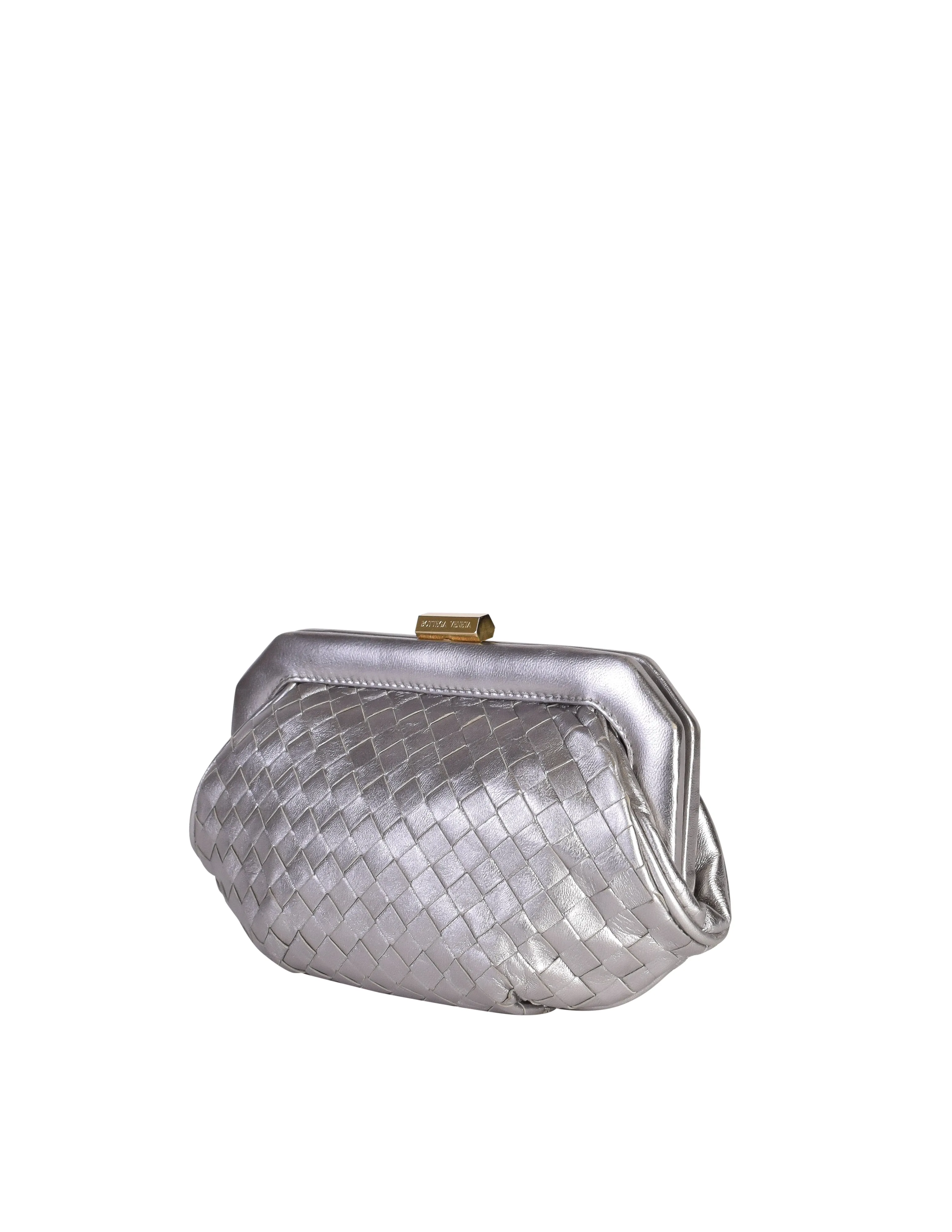 Bottega Veneta Vintage Intrecciato Woven Metallic Silver Leather Clutch Bag