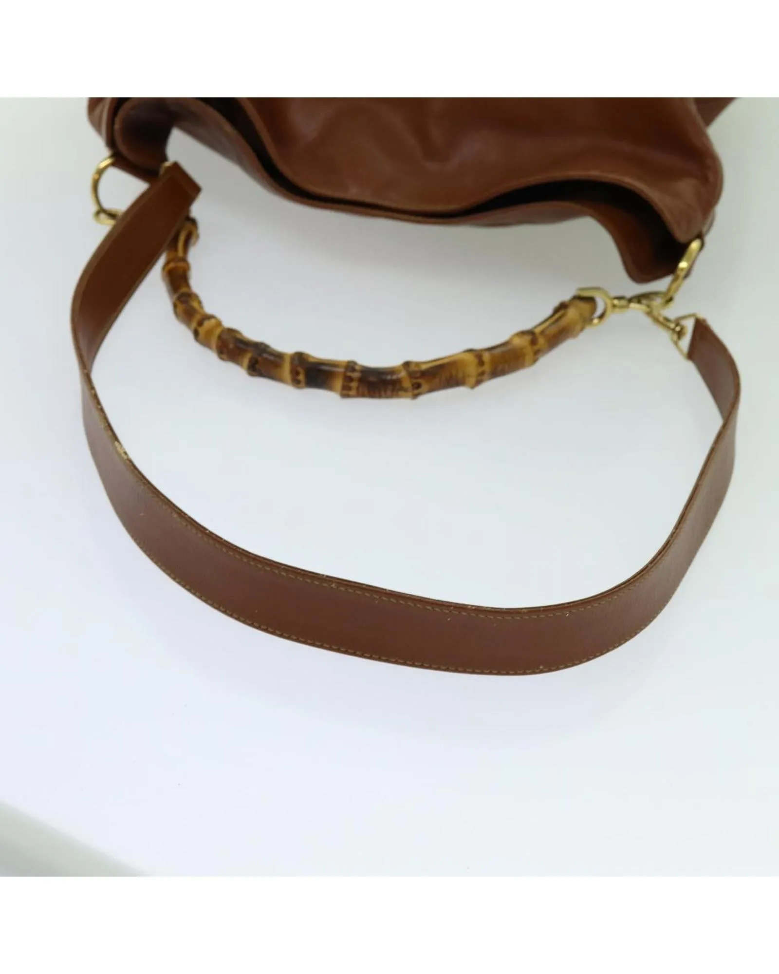 Brown Leather 2-Way Handbag with Bamboo Handle and Shoulder Strap