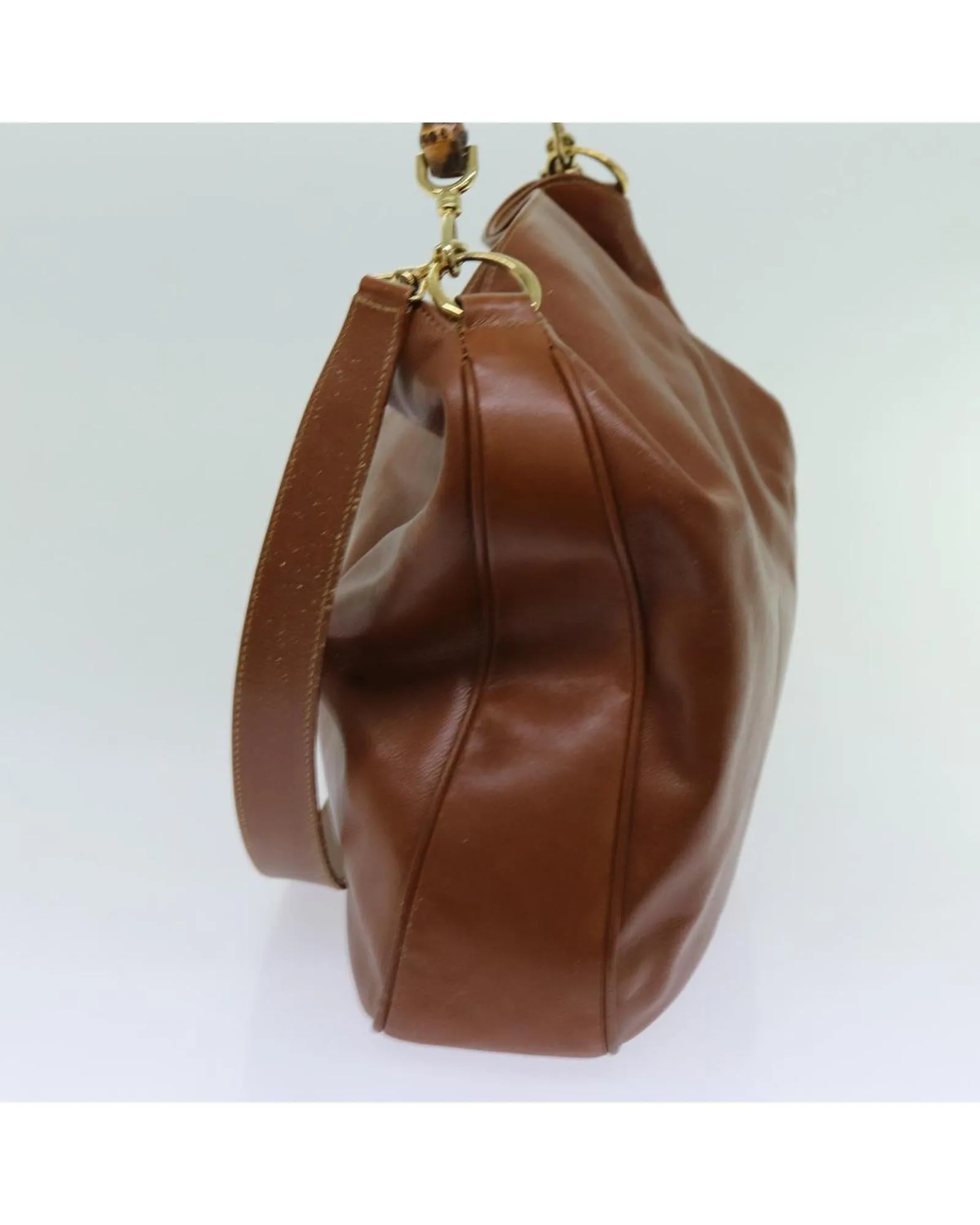 Brown Leather 2-Way Handbag with Bamboo Handle and Shoulder Strap