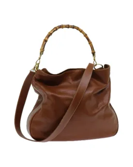 Brown Leather 2-Way Handbag with Bamboo Handle and Shoulder Strap