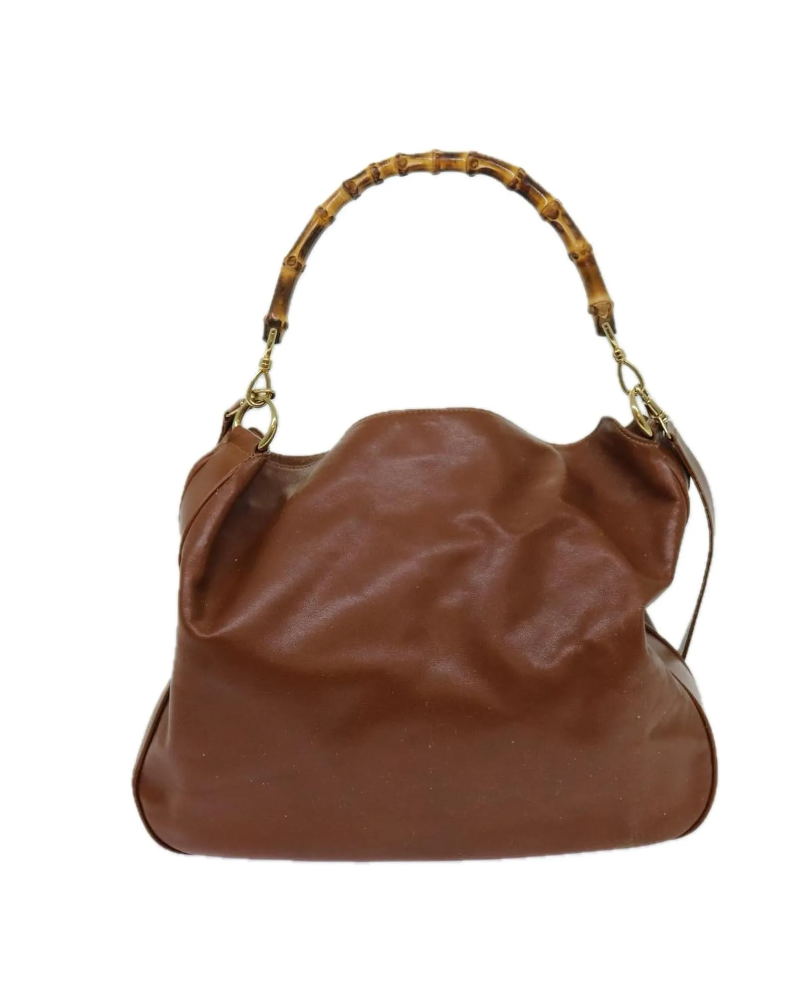 Brown Leather 2-Way Handbag with Bamboo Handle and Shoulder Strap