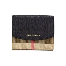 Burberry Luna Black Grained Leather House Check Canvas Coin Pouch Snap Wallet