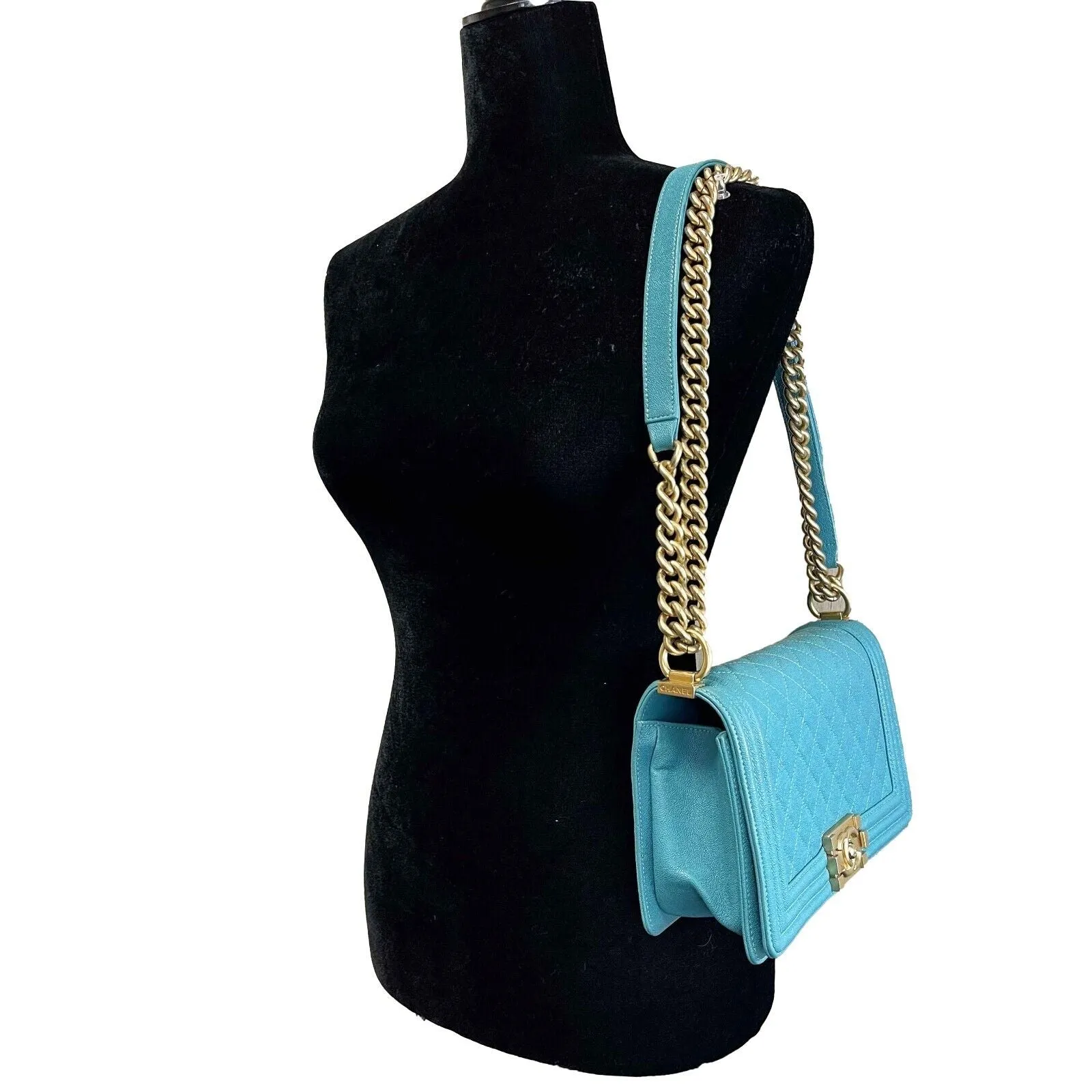 Chanel Excellent Boy Flap Medium Turquoise Handbag Excellent