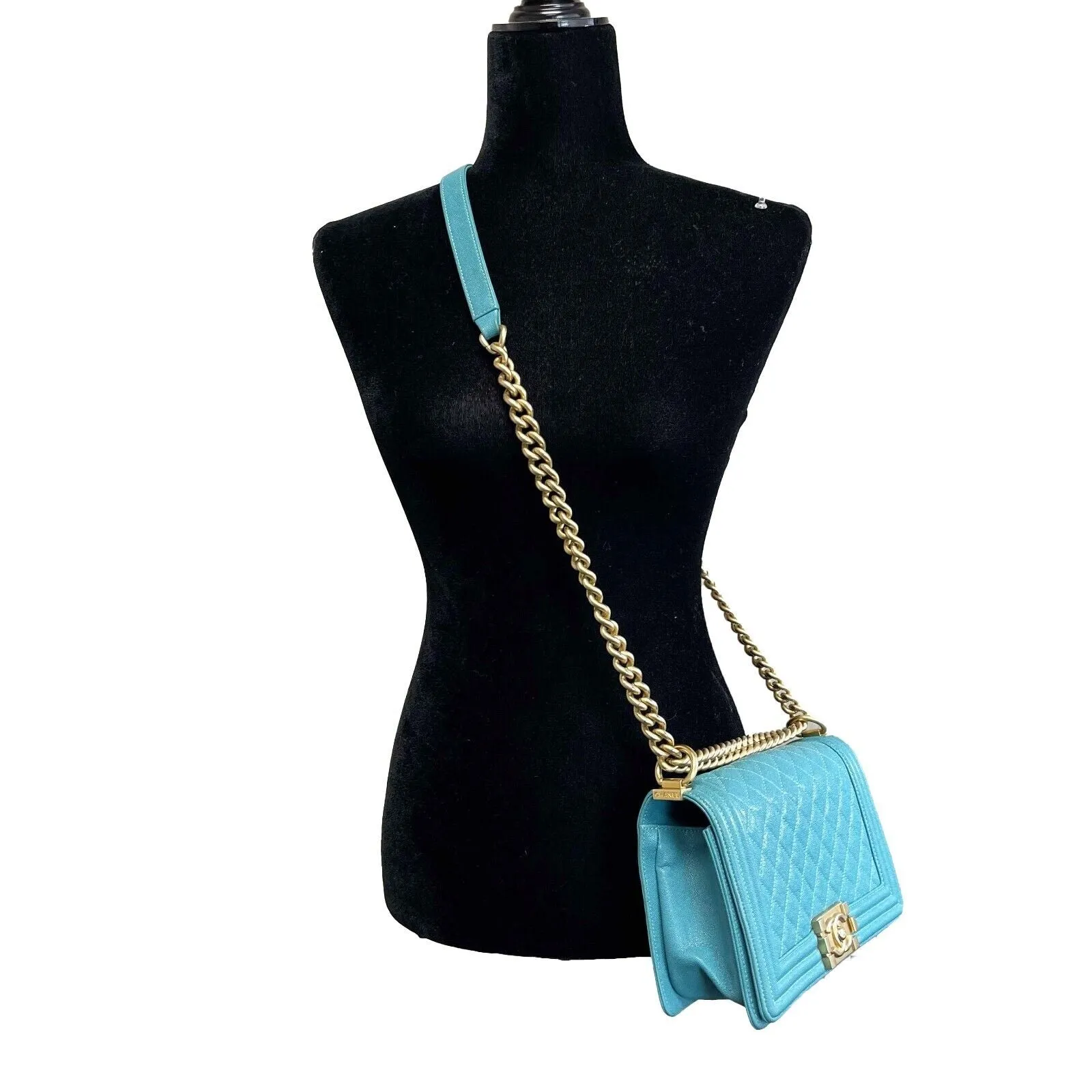 Chanel Excellent Boy Flap Medium Turquoise Handbag Excellent