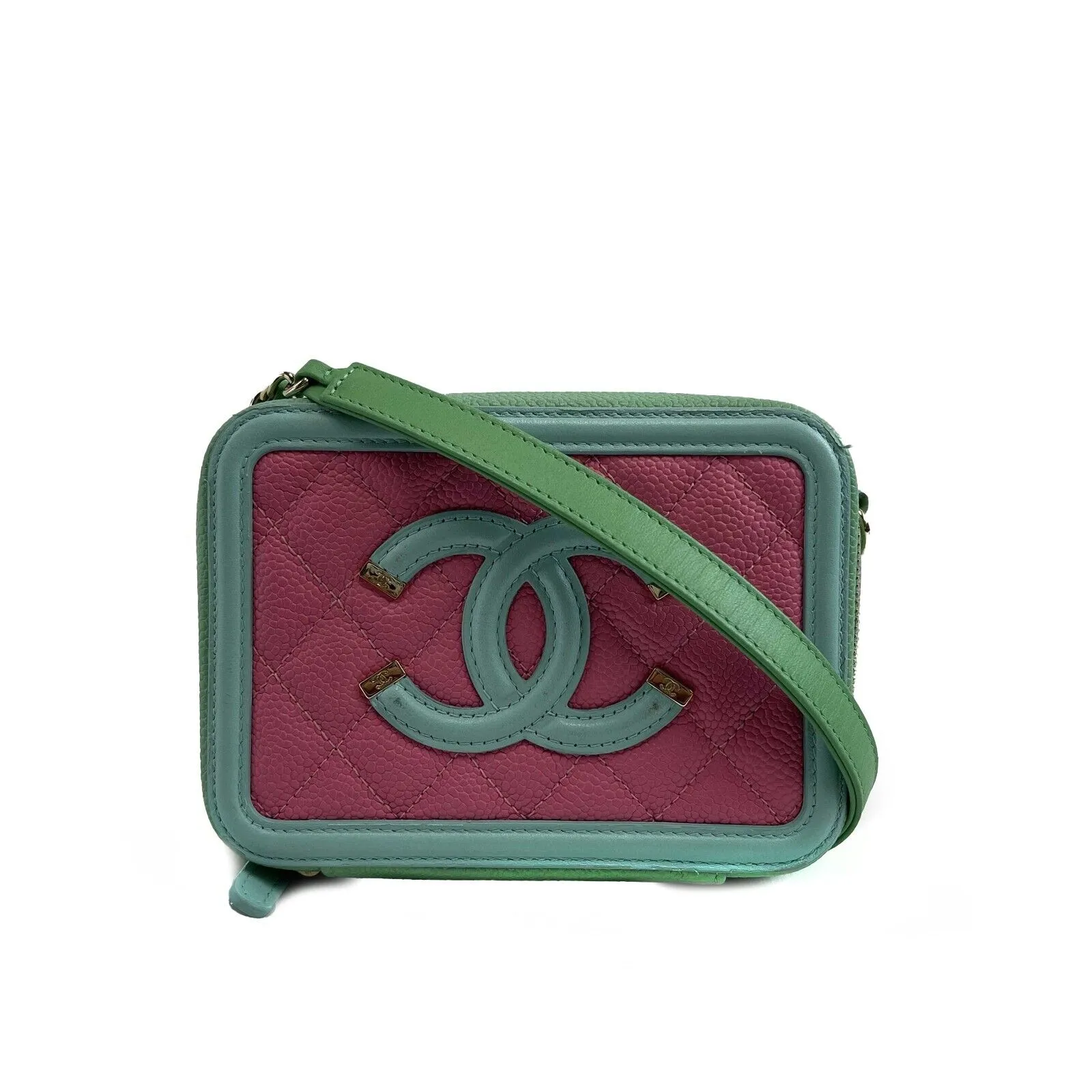 CHANEL - Mini CC Vanity Clutch Quilted Caviar - Green / Pink Crossbody