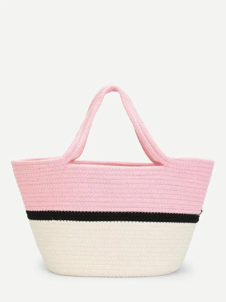 Color Block Straw Tote Bag