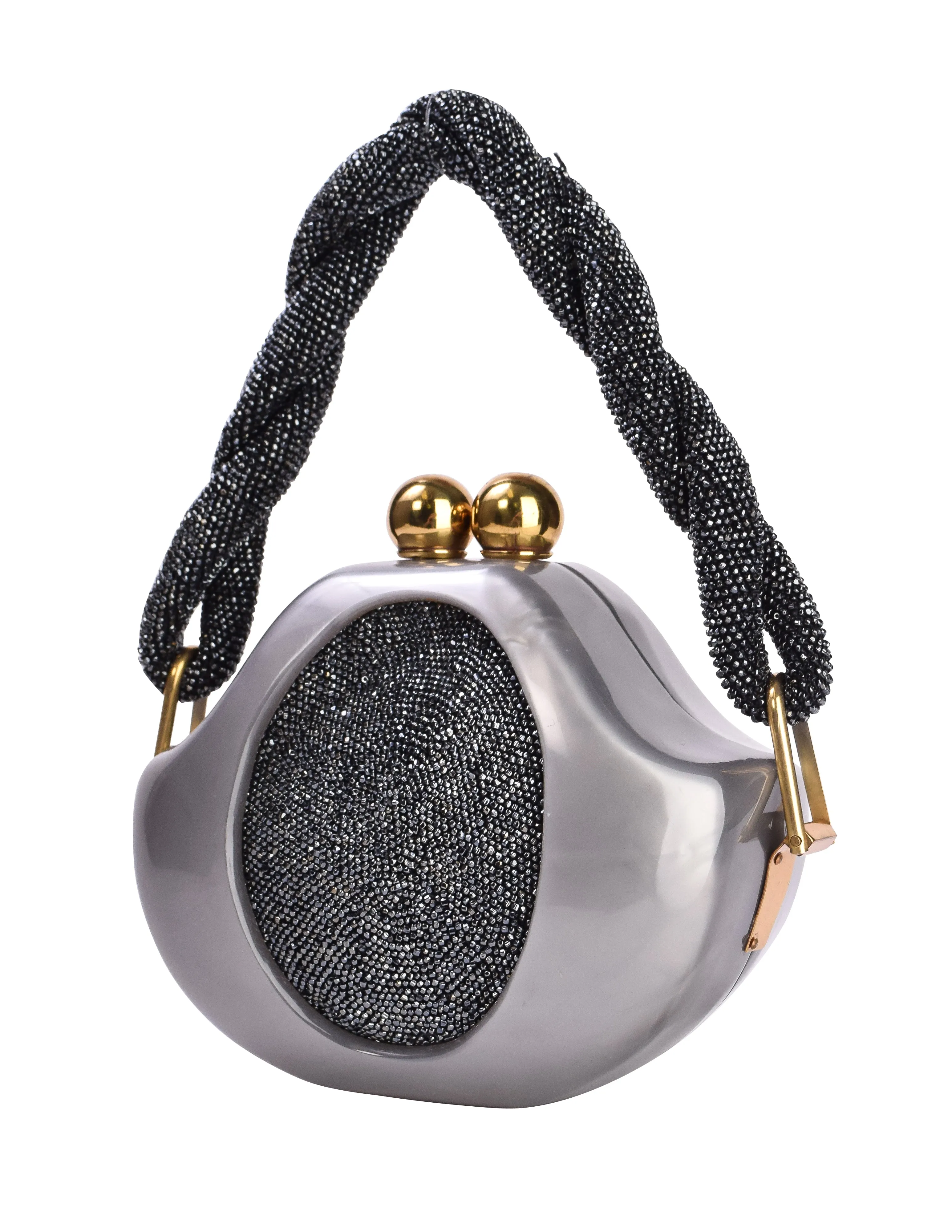 Fre-Mor Vintage 1940s-50s Marbled Grey Pearl Beaded Inlay Clam Handbag