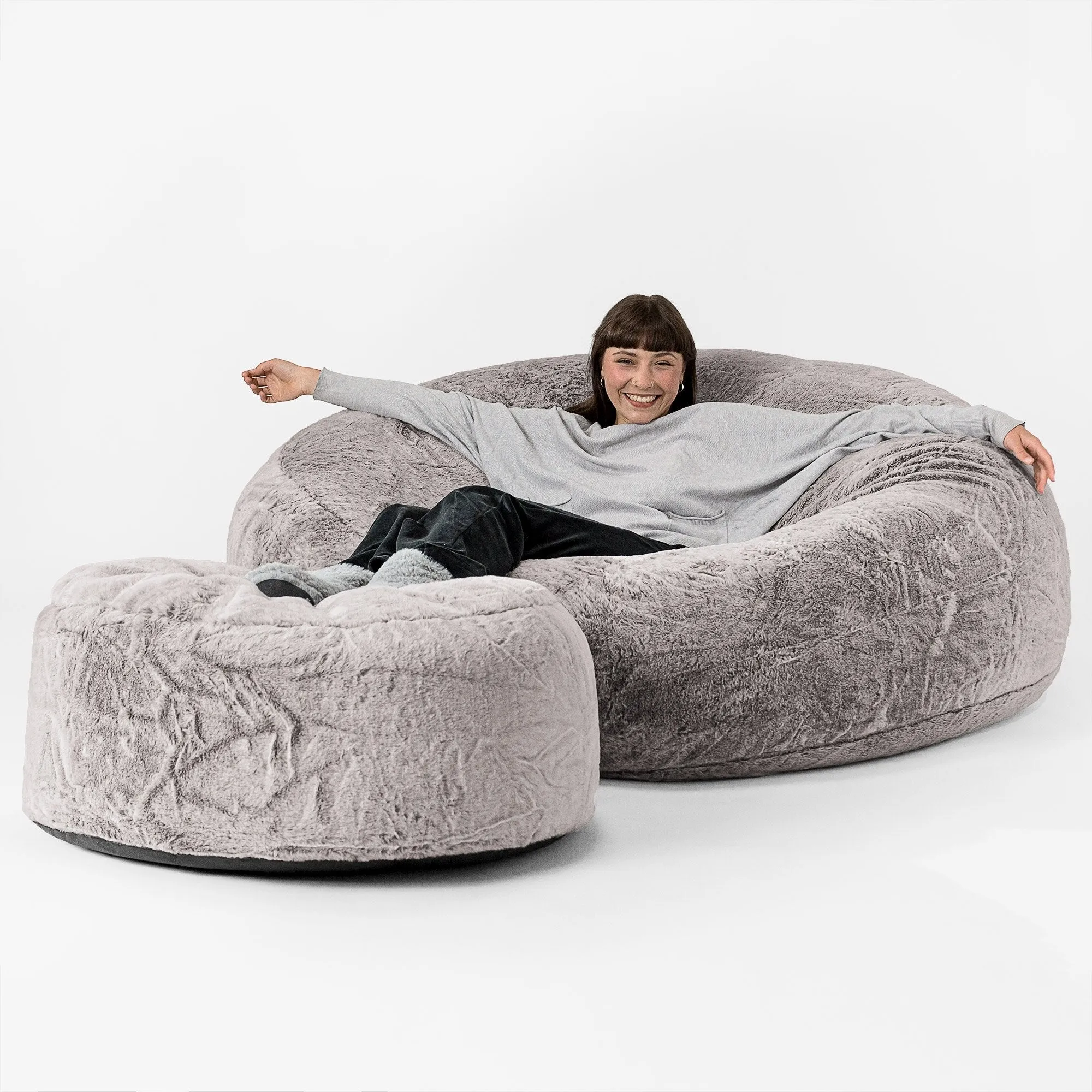 Mega Mammoth Bean Bag Sofa - Fluffy Faux Fur Rabbit Light Grey