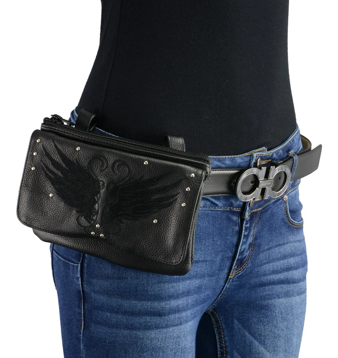 Milwaukee Leather MP8850 Ladies ‘Winged’ Black Leather Multi-Pocket Belt Bag