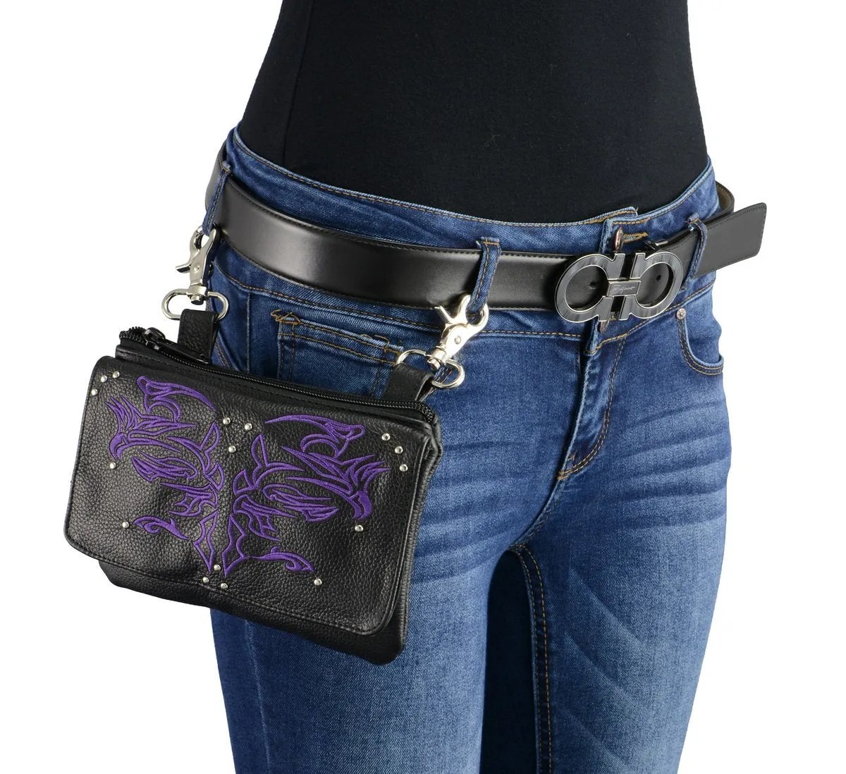 Milwaukee Leather MP8852 Women's Black and Purple Leather Multi Pocket Belt Bag