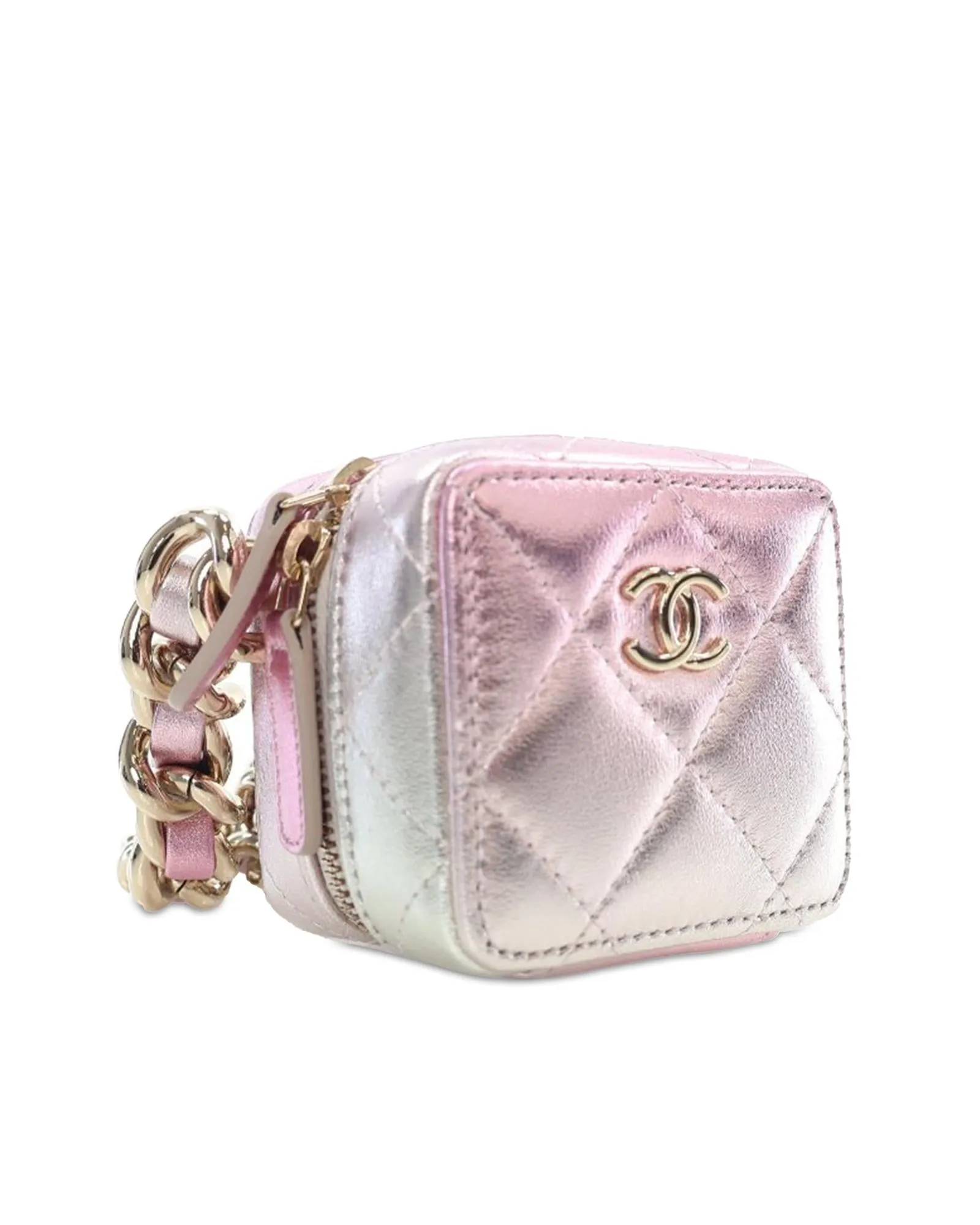 Mini Metallic Quilted Lambskin Cube Bag with Chain Strap