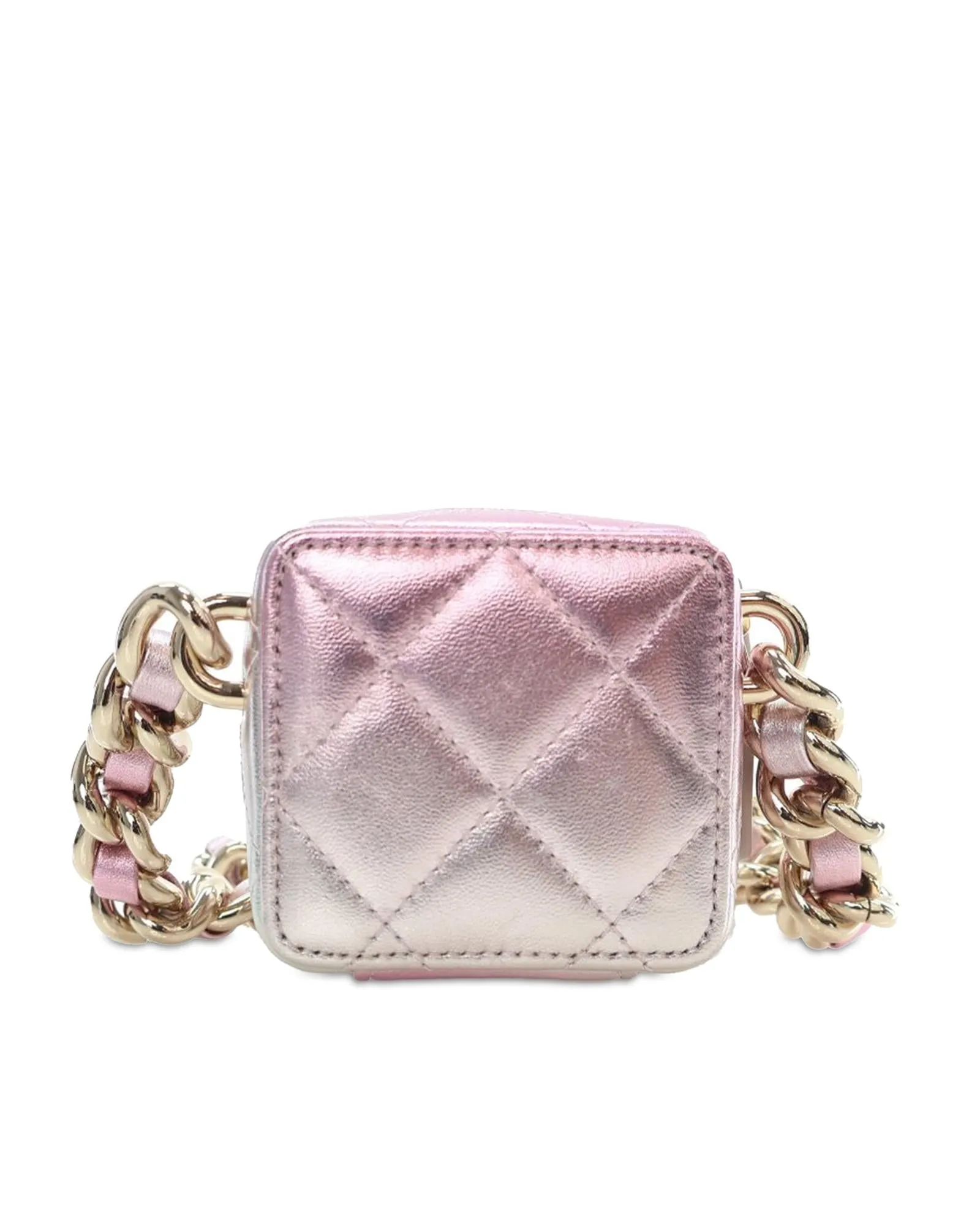 Mini Metallic Quilted Lambskin Cube Bag with Chain Strap