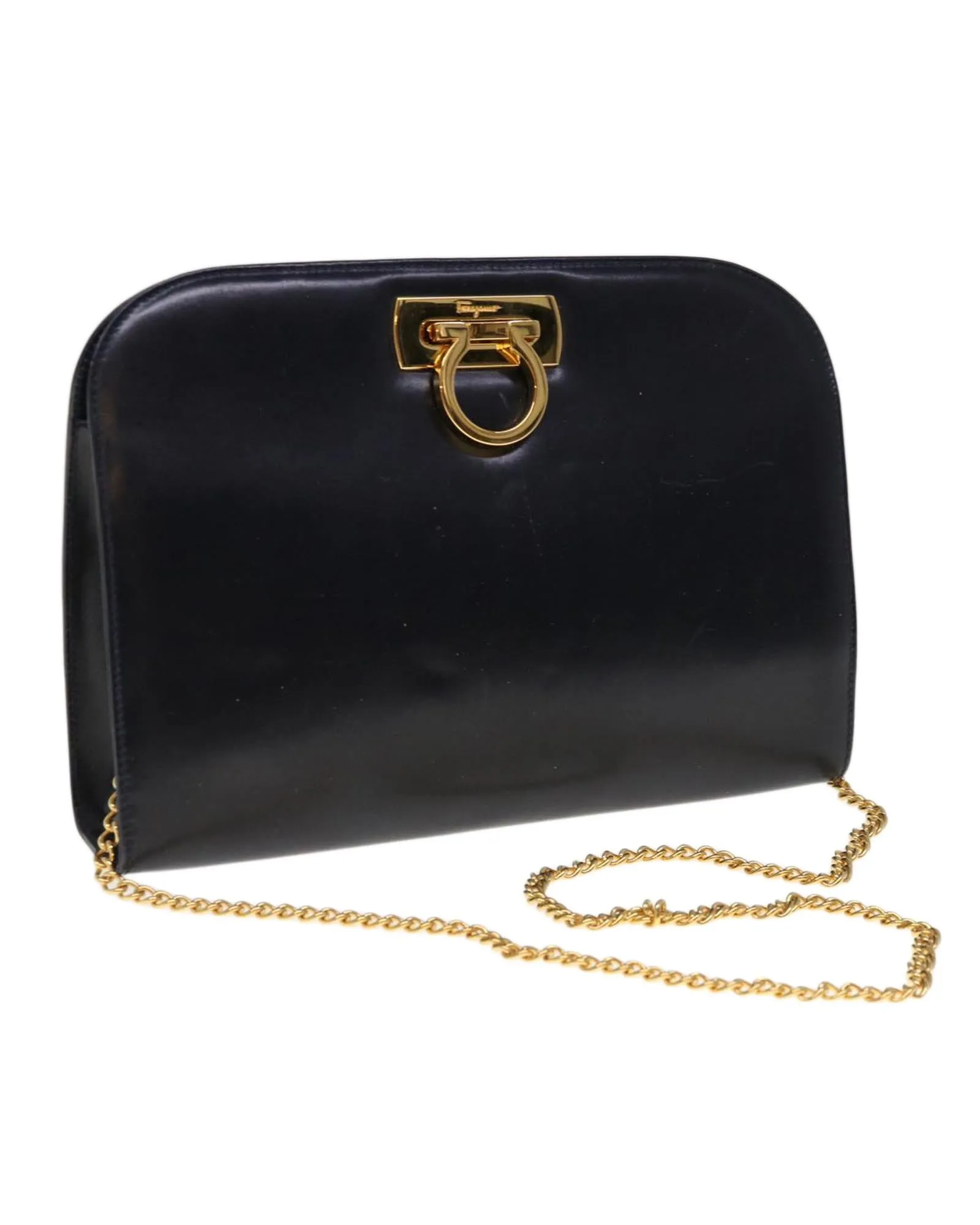 Navy Leather Gancini Chain Shoulder Bag