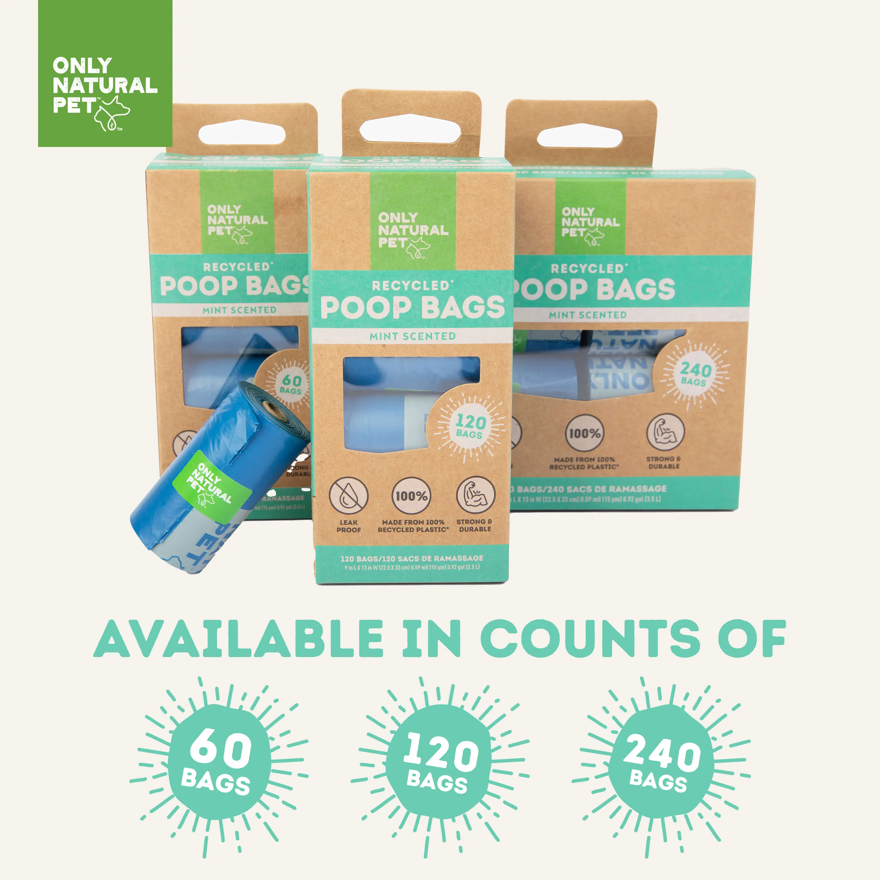 Only Natural Pet Post-Consumer Recycled Plastic Mint Scented Poop Bags for Dogs