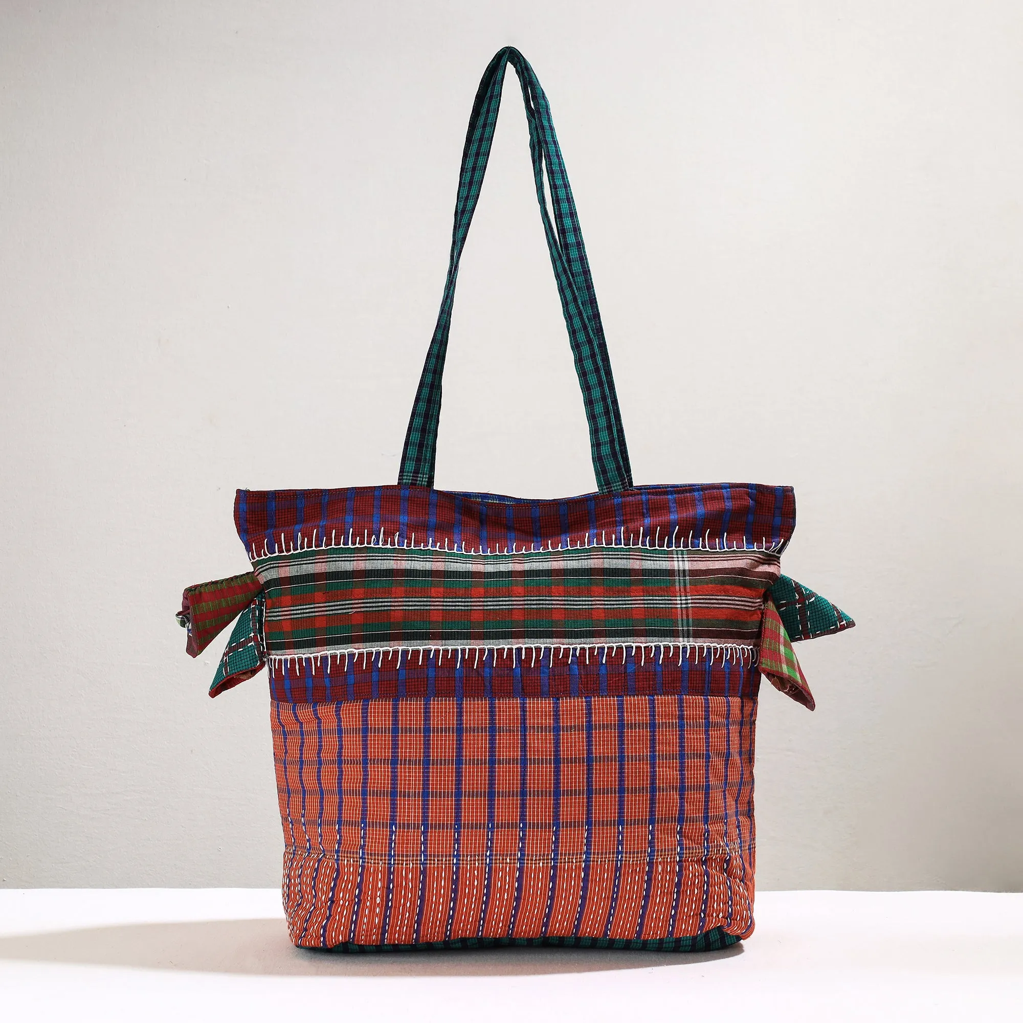 Peach - Handmade Gamcha Fabric Kantha Work Tote Bag