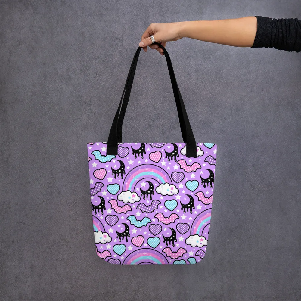 Rainbow Spooky Bats Purple Tote Bag