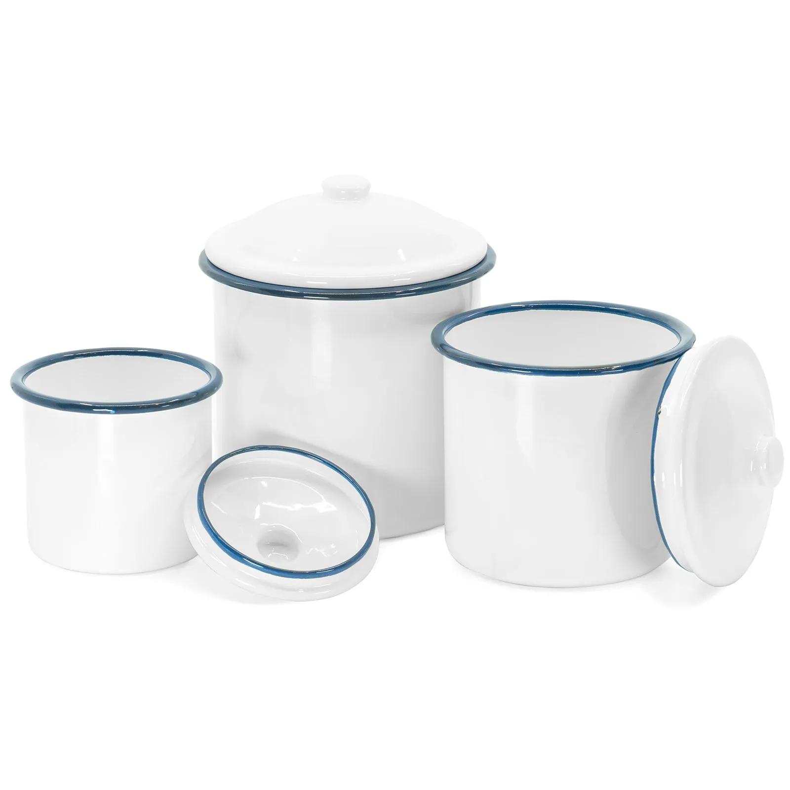 Red Co. White Enamelware Mug Pots with Blue Rim & Lid - Set of 3 Nesting Cups, Perfect for Picnic, Camping, Outdoor Activity