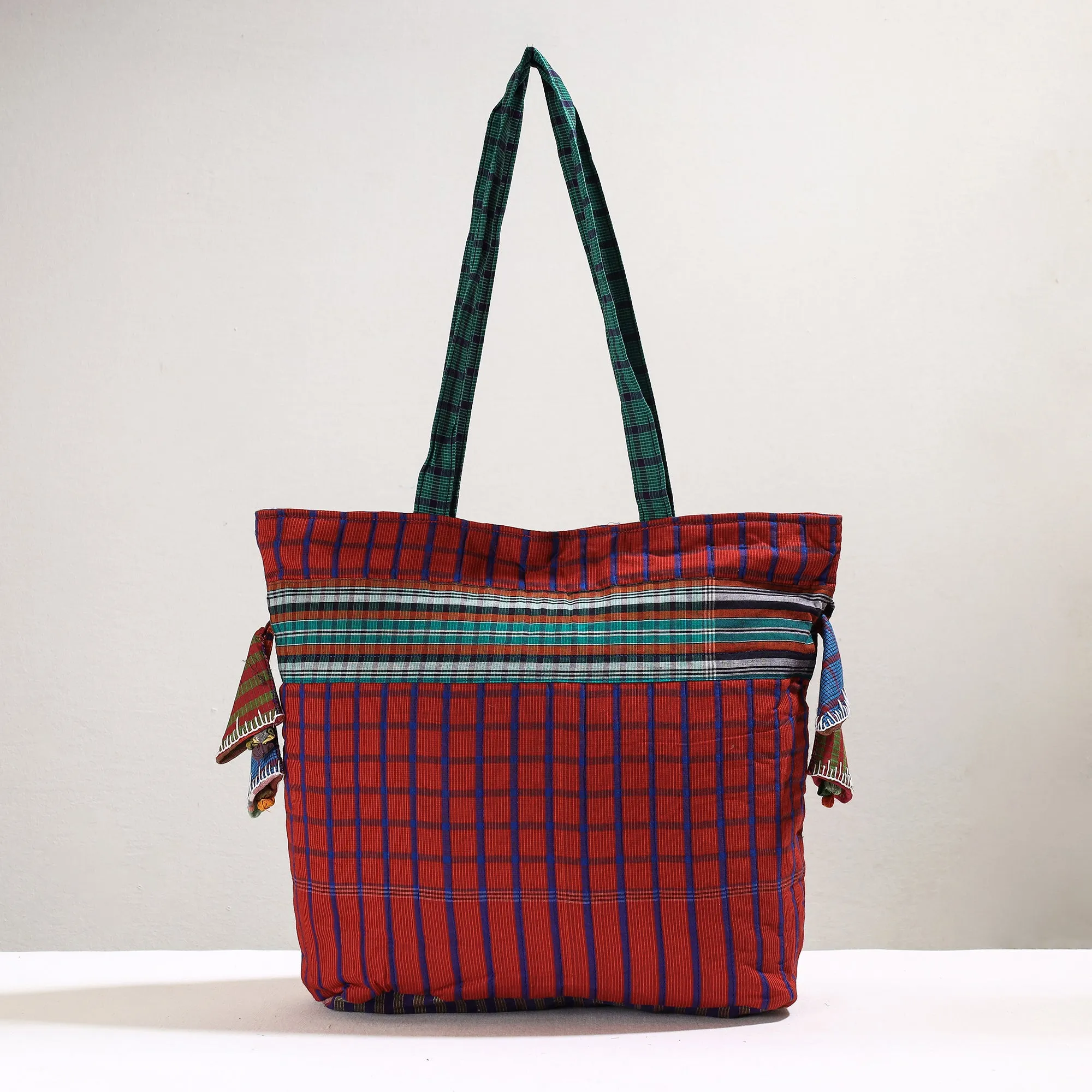 Red - Handmade Gamcha Fabric Kantha Work Tote Bag