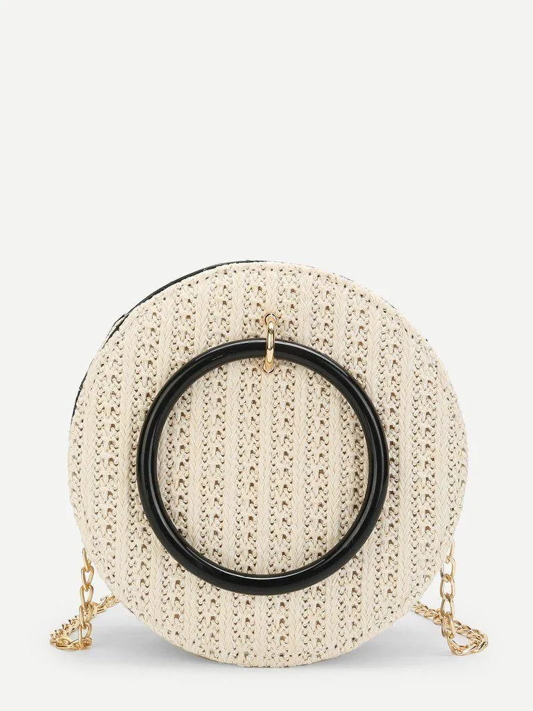 Ring Detail Straw Round Chain Bag