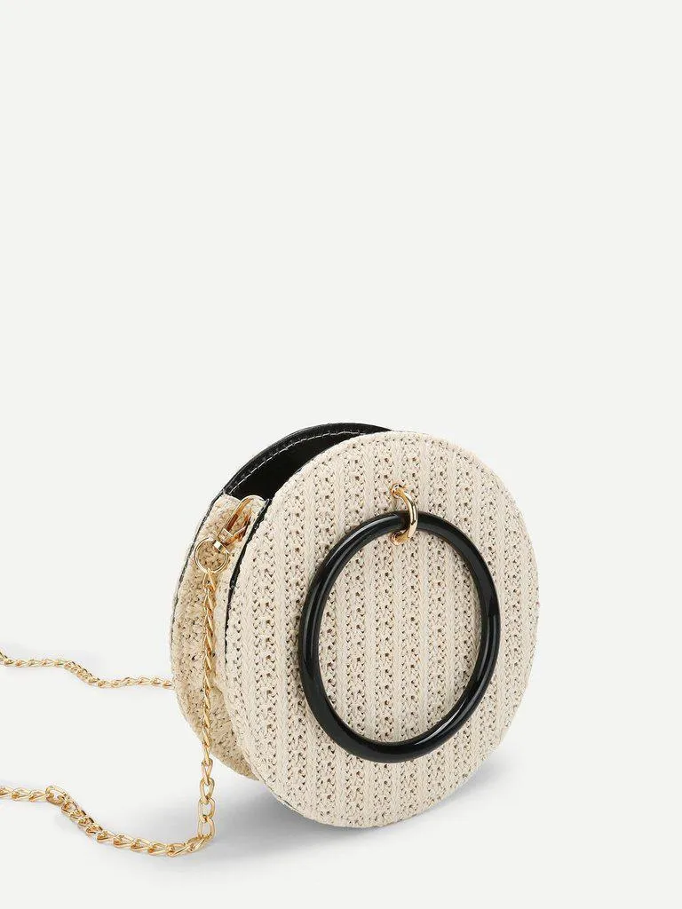 Ring Detail Straw Round Chain Bag