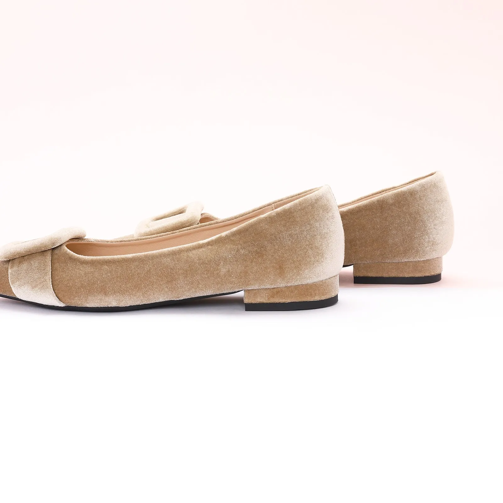 Square Buckle Velvet Flats (Aida) Camel