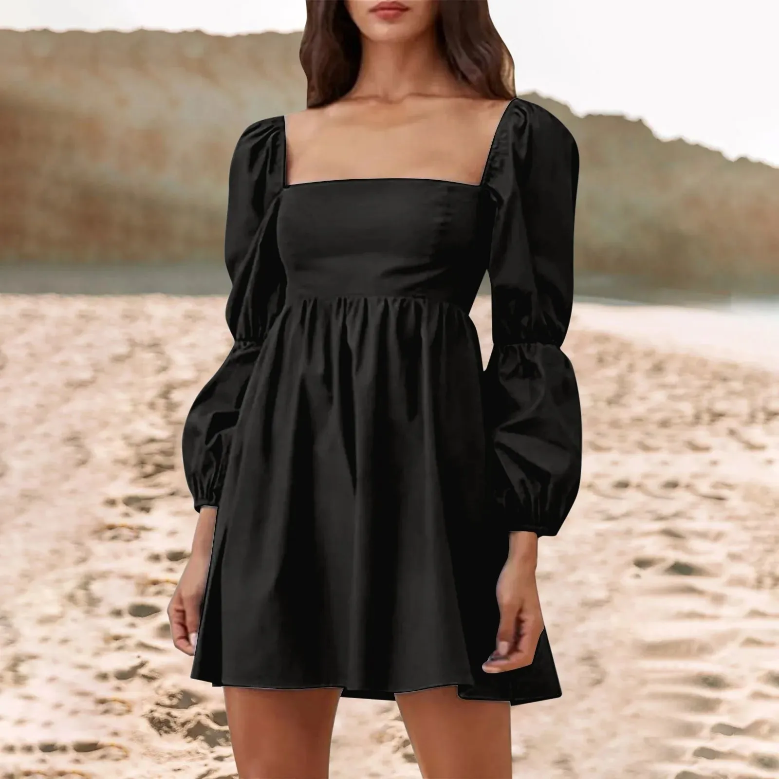 Square Neck Solid Color Back Shirred Double Puff Sleeve Halloween Casual Gothic Dress