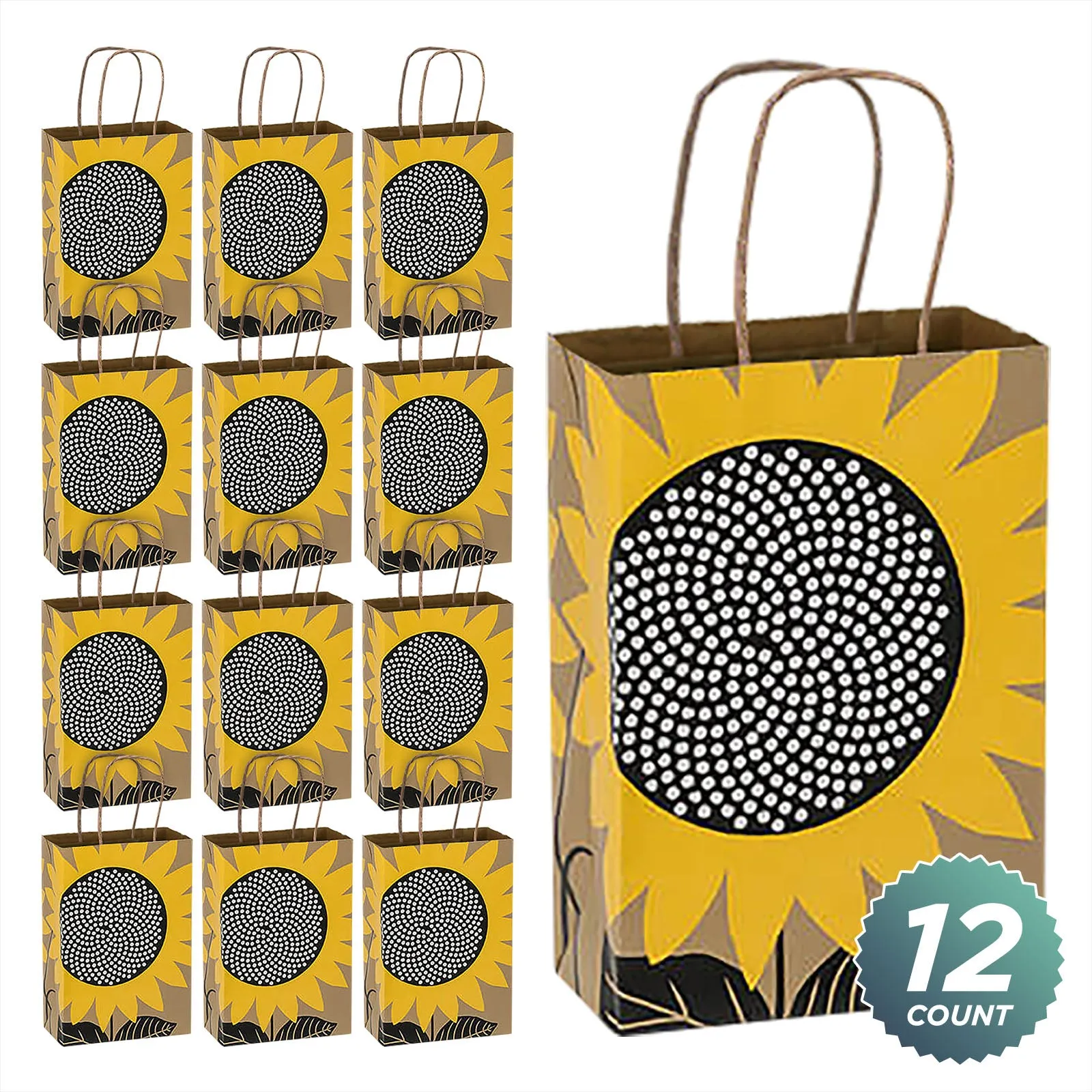 Sunflower Print Small Paper Gift Bags and Party Favor Goodie Bags, 5.5x3.25x8.5" (12 Pack)