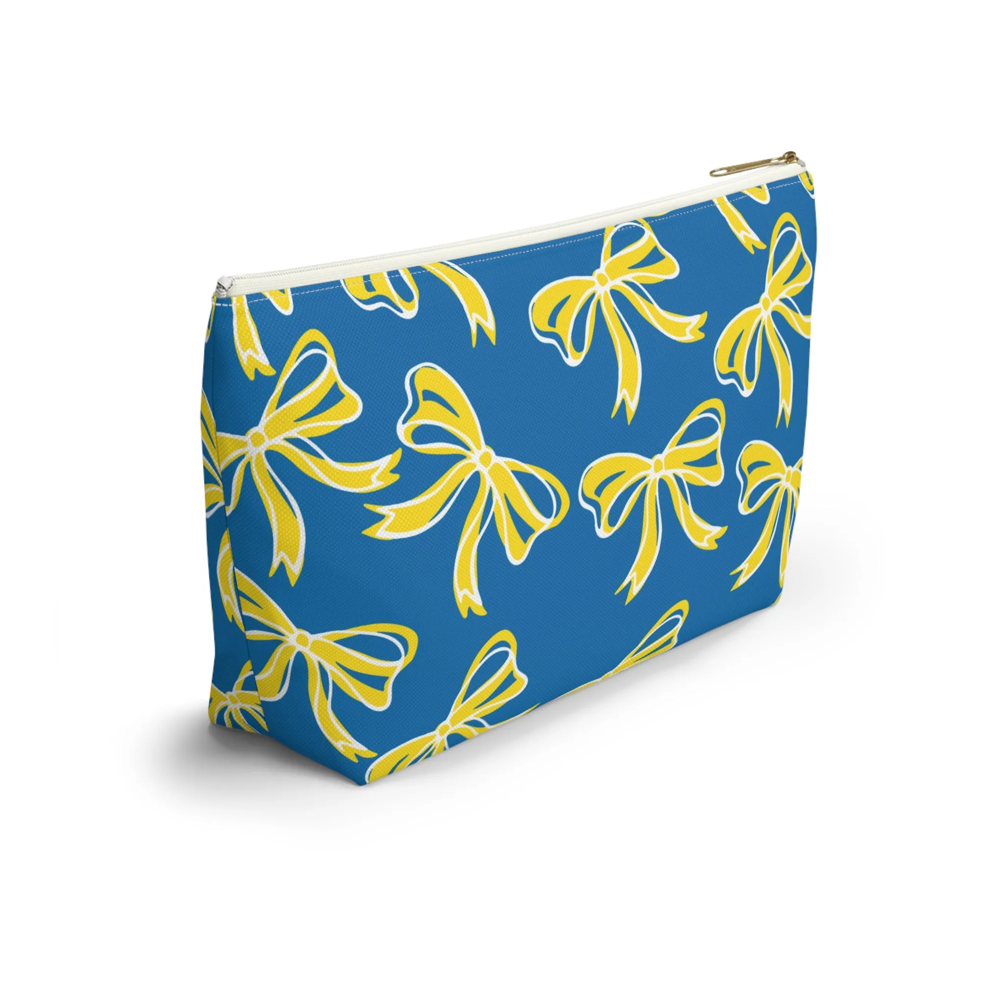 Trendy Bow Makeup Bag - Graduation Gift, Bed Party Gift, Acceptance Gift, College Gift, Delaware, Blue and Yellow, Blue Hens