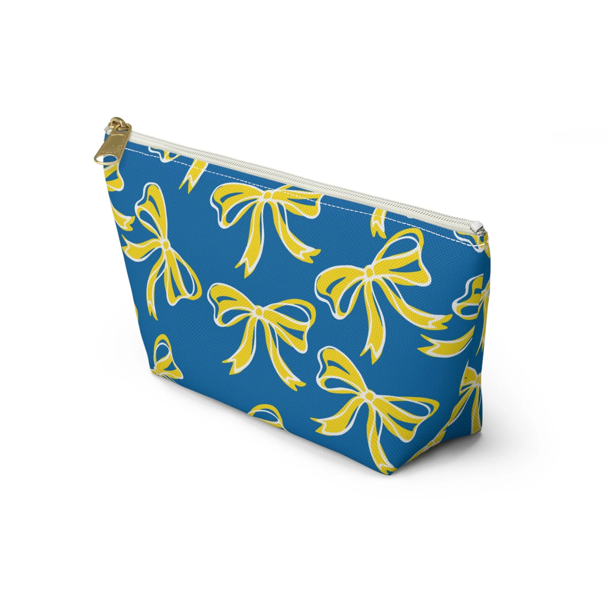 Trendy Bow Makeup Bag - Graduation Gift, Bed Party Gift, Acceptance Gift, College Gift, Delaware, Blue and Yellow, Blue Hens