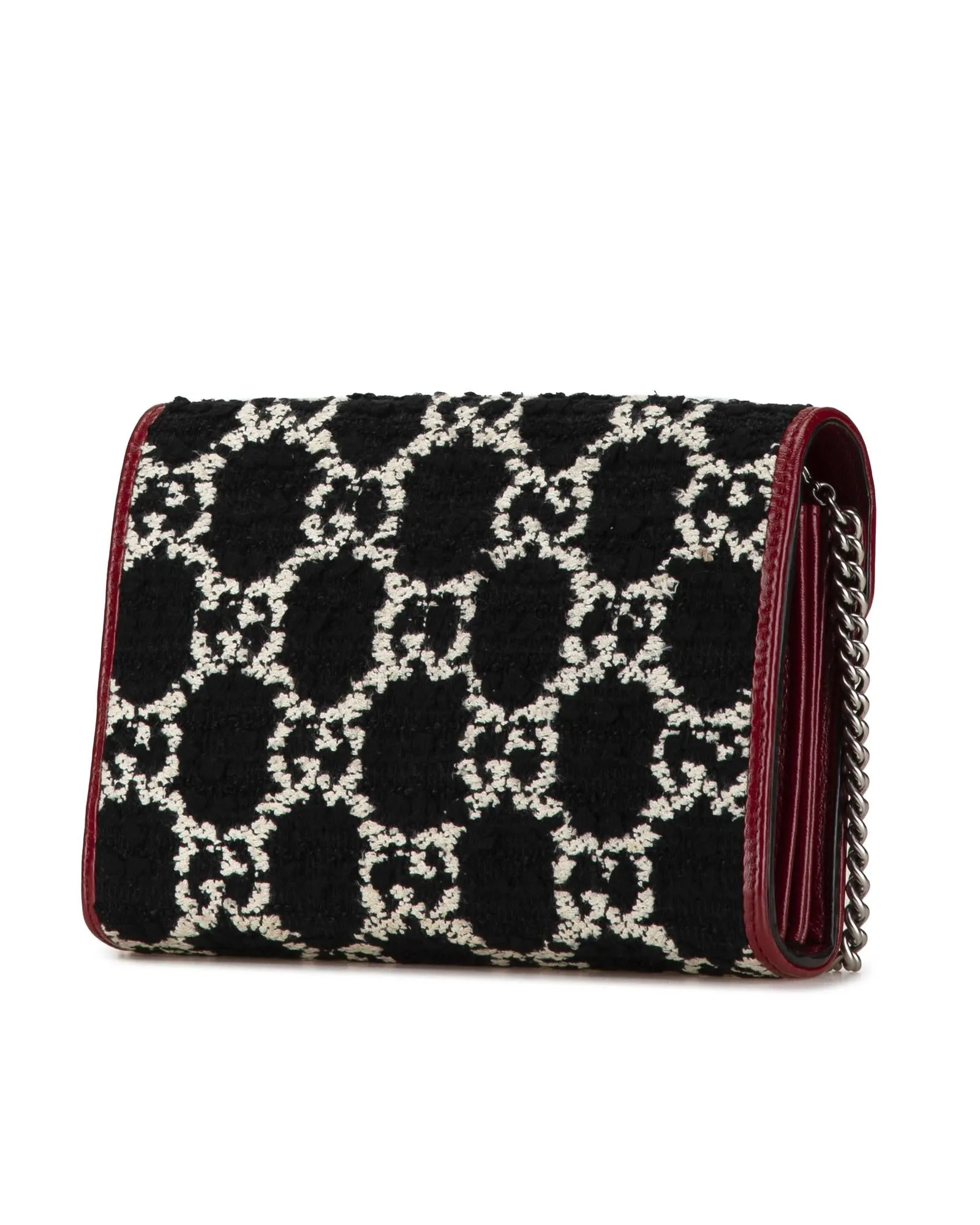 Tweed Wallet on Chain with Leather Trim and Silver-Tone Chain Strap