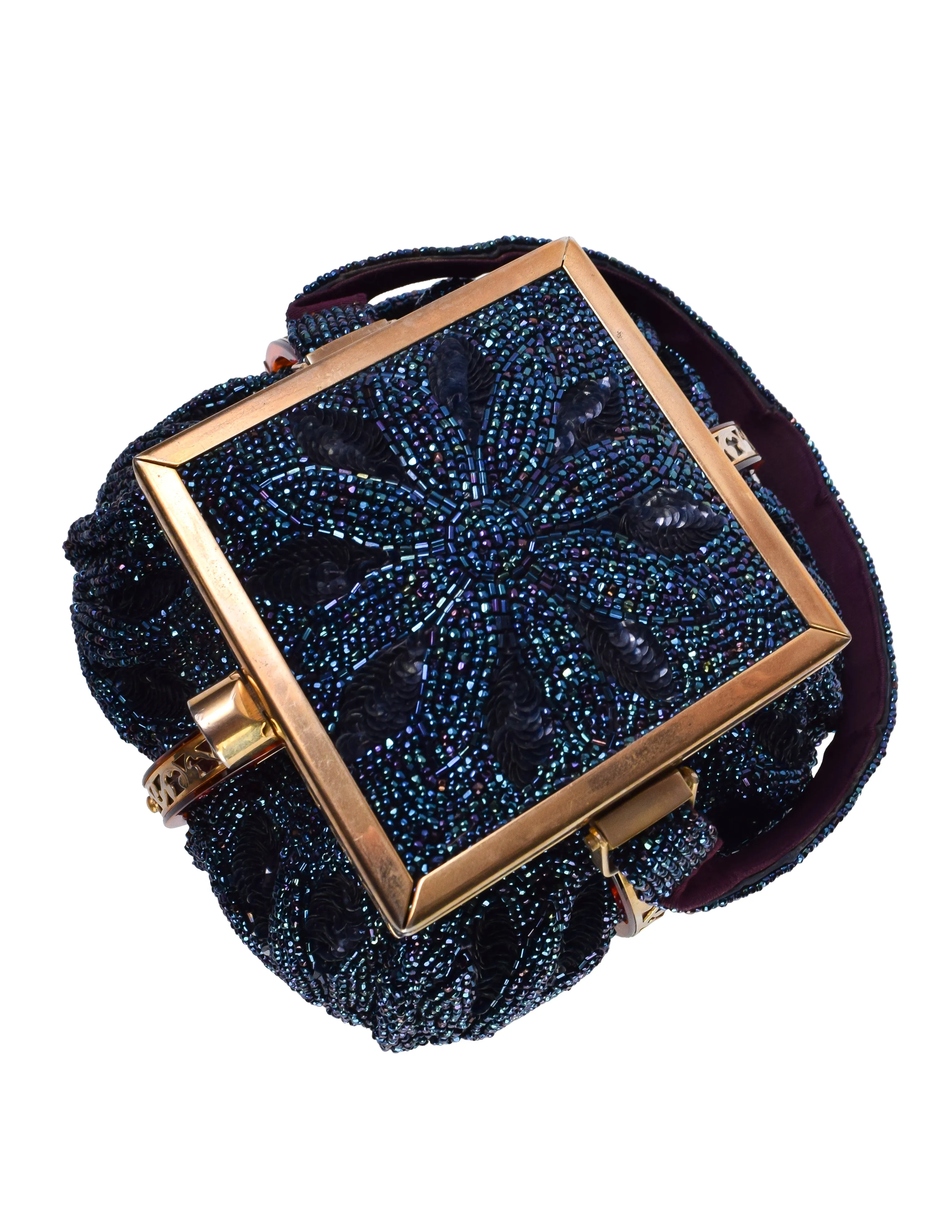 Tyrolean Vintage c. 1950-52 Sapphire Blue Beaded Tortoise Lucite Gold Plated Filigree Handbag