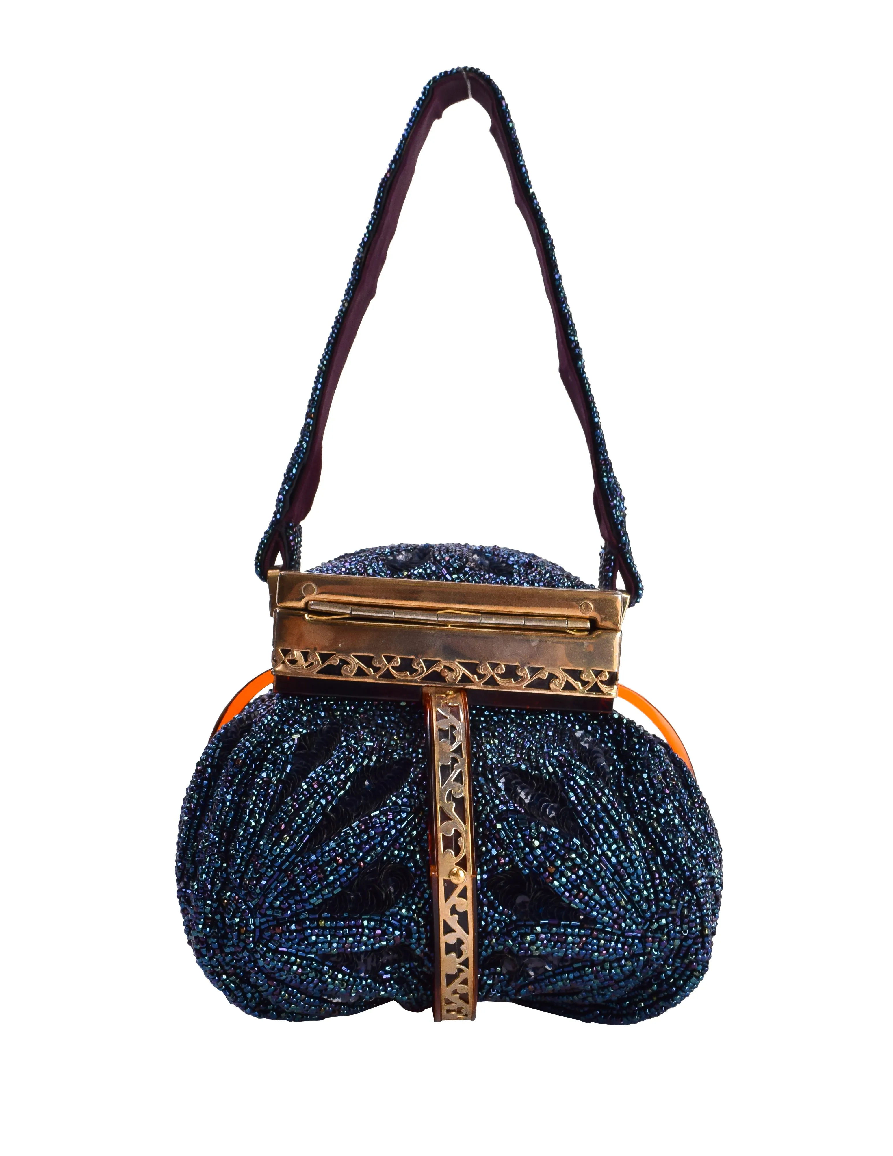 Tyrolean Vintage c. 1950-52 Sapphire Blue Beaded Tortoise Lucite Gold Plated Filigree Handbag