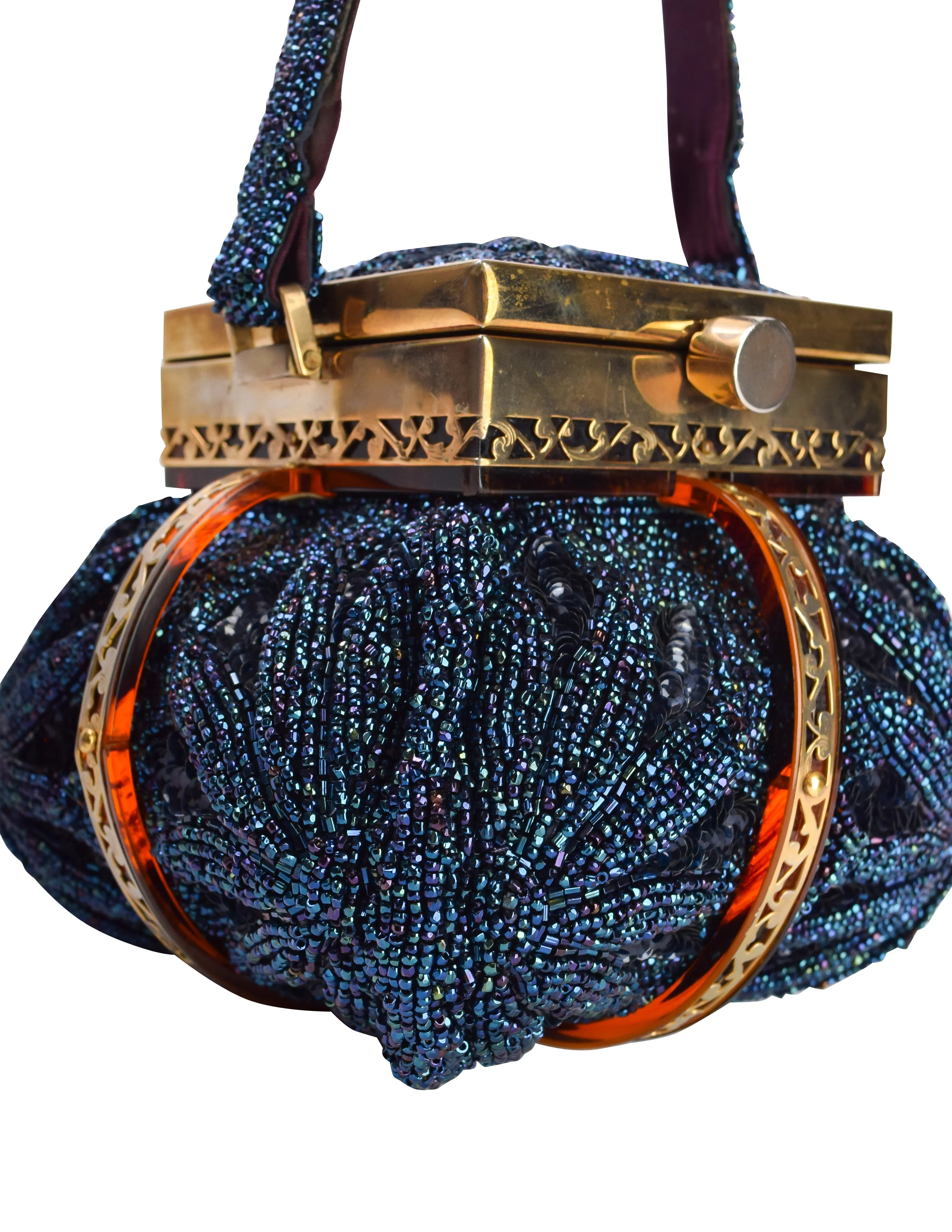 Tyrolean Vintage c. 1950-52 Sapphire Blue Beaded Tortoise Lucite Gold Plated Filigree Handbag