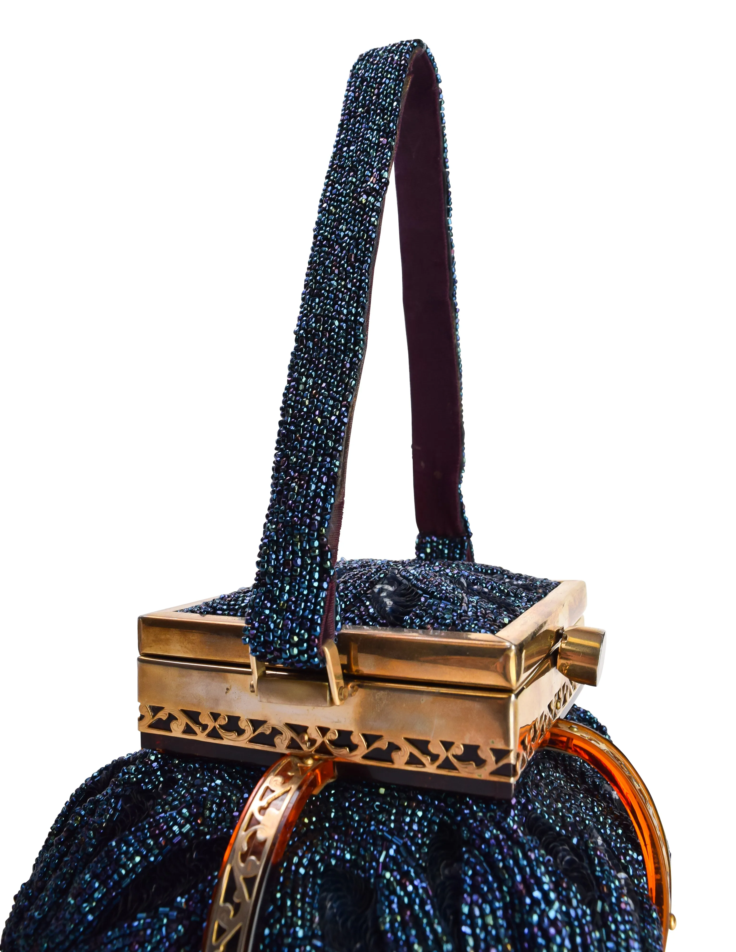 Tyrolean Vintage c. 1950-52 Sapphire Blue Beaded Tortoise Lucite Gold Plated Filigree Handbag