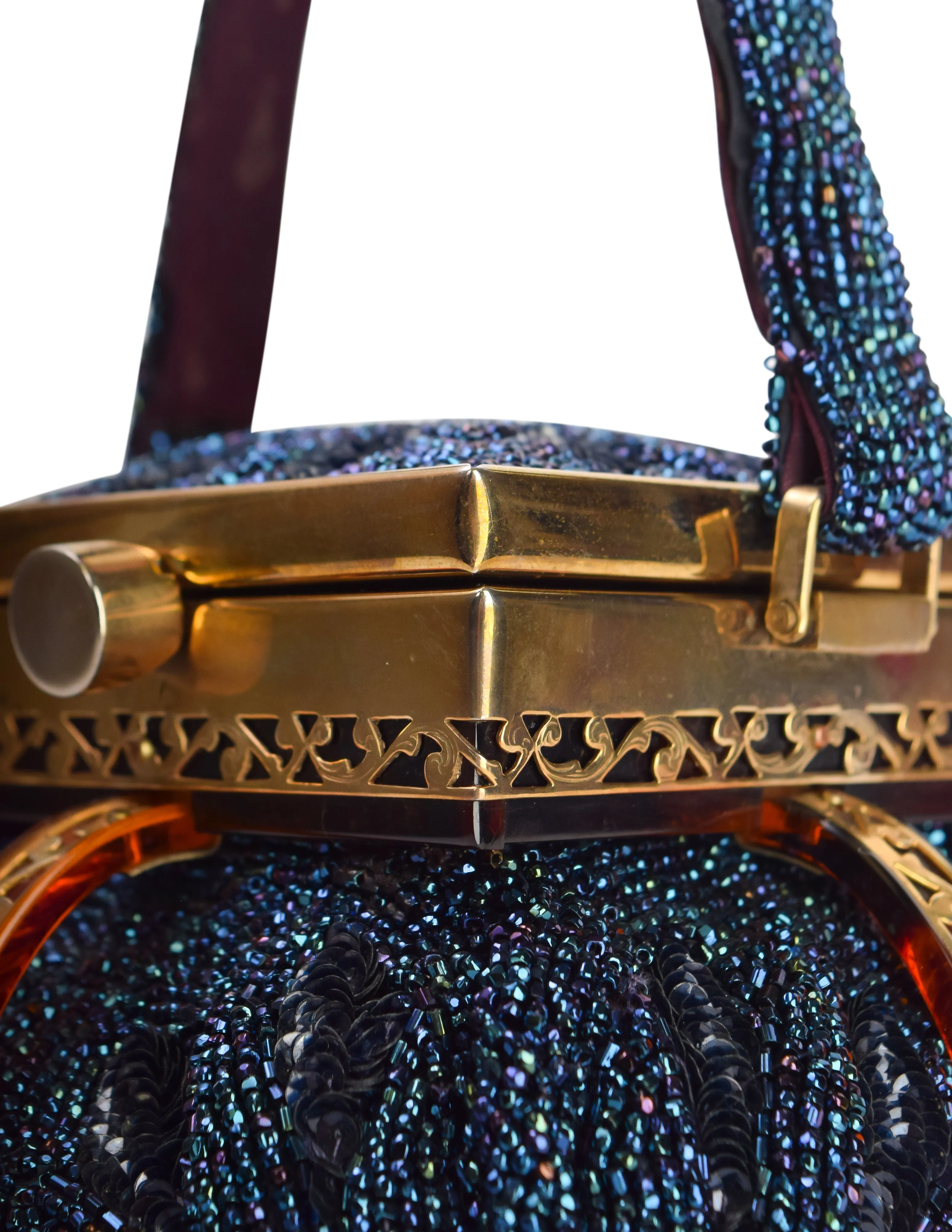 Tyrolean Vintage c. 1950-52 Sapphire Blue Beaded Tortoise Lucite Gold Plated Filigree Handbag