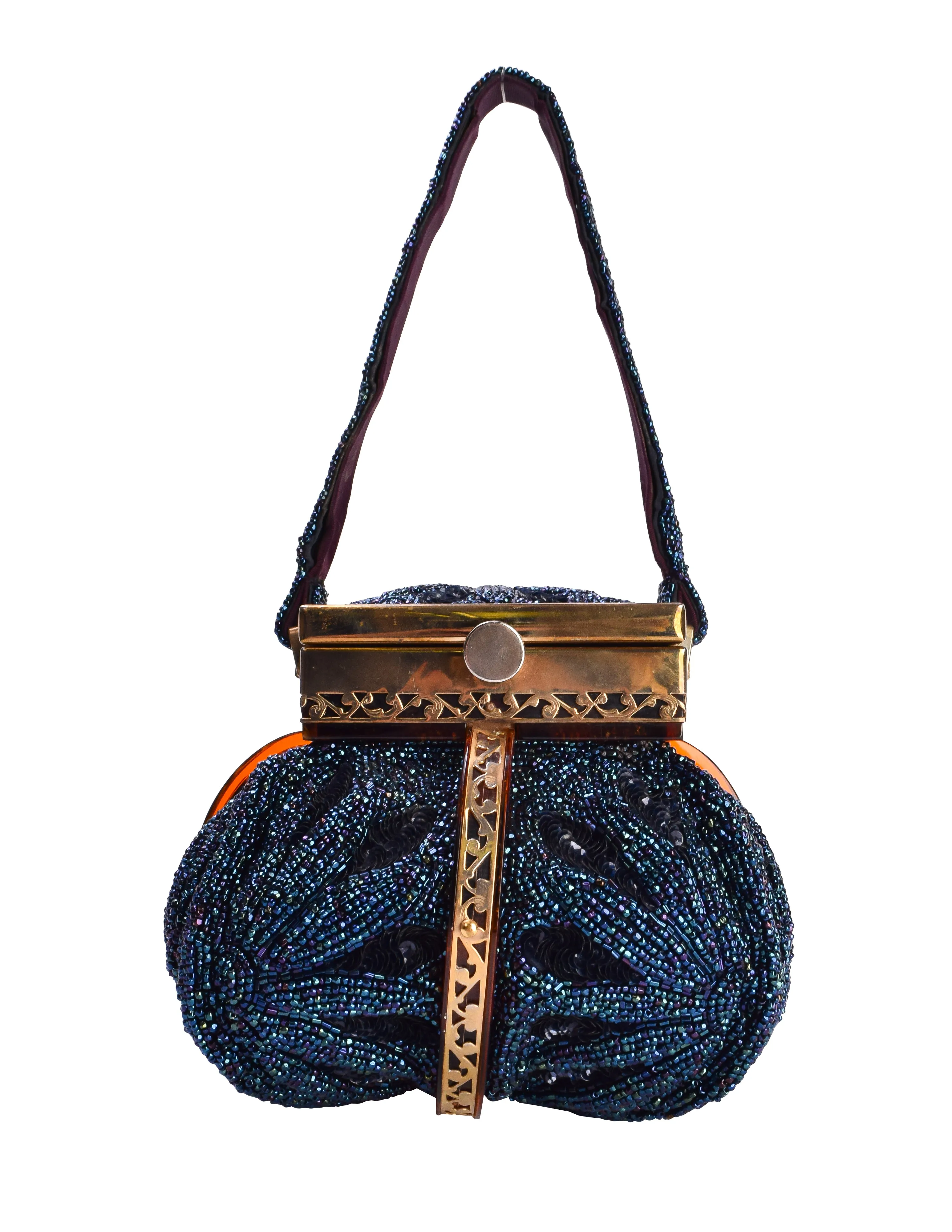 Tyrolean Vintage c. 1950-52 Sapphire Blue Beaded Tortoise Lucite Gold Plated Filigree Handbag