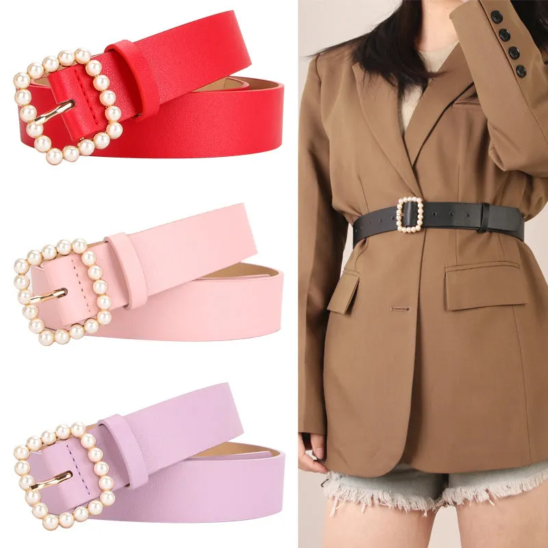 Women's Belt Square Button Point Pearl Sweet Elegant Dress Decorative Band