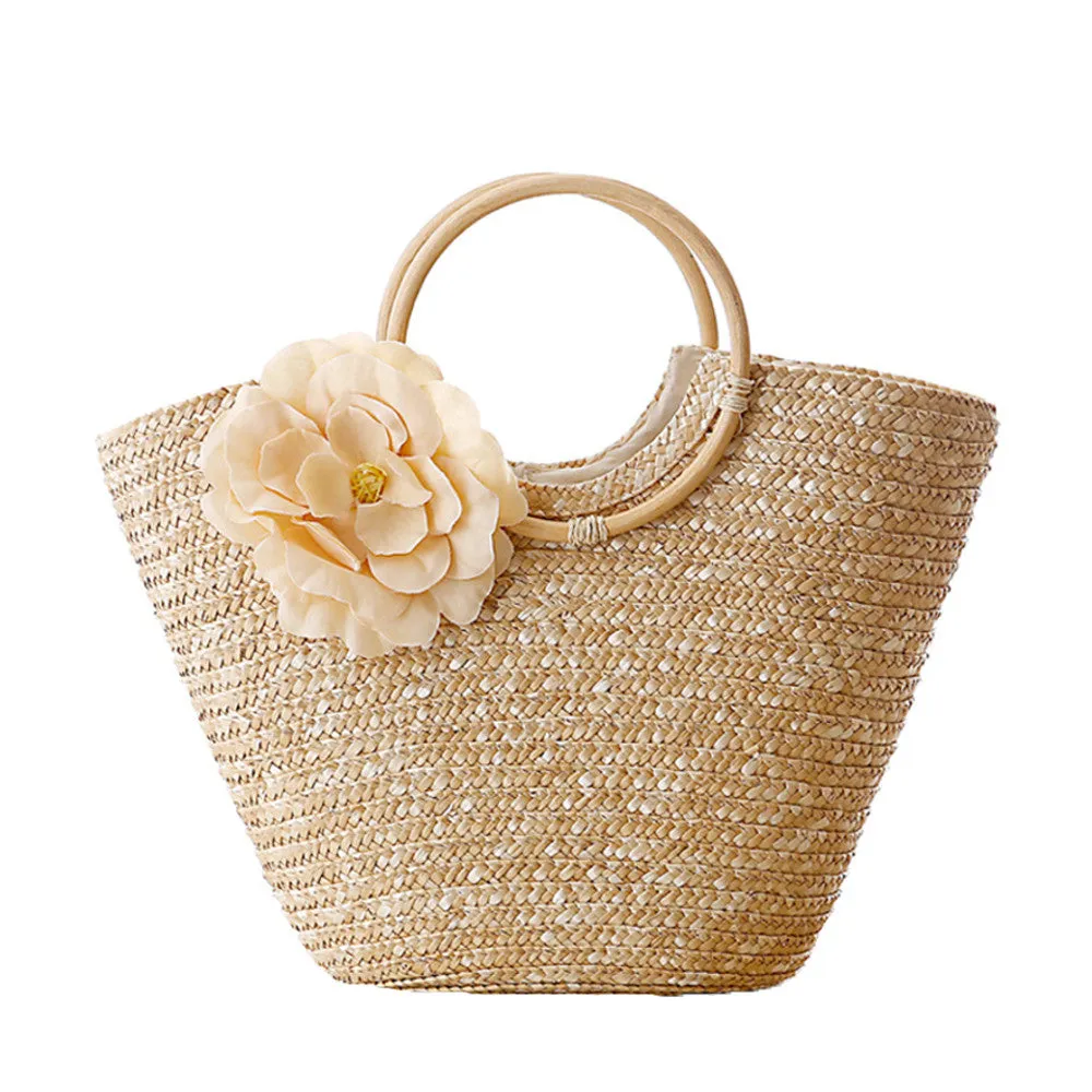 Woven Straw Totebag with Flowers by Coseey