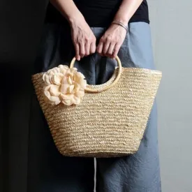 Woven Straw Totebag with Flowers by Coseey